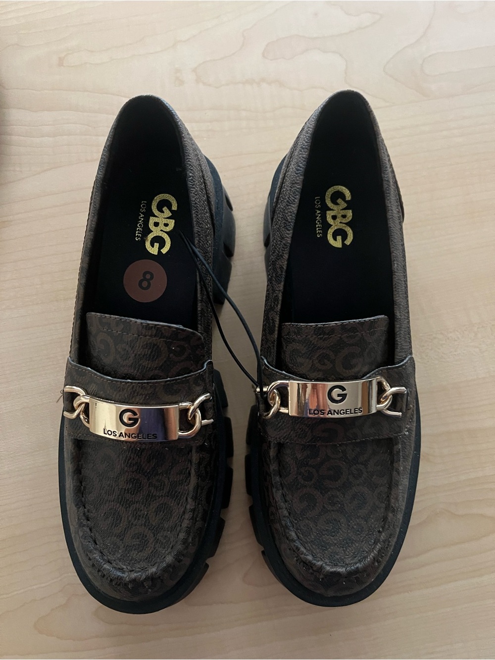 G by Guess Los Angeles Brown lug sole Loafers in size 8 with gold tone plaque